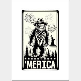 USA 'Merica Sasquatch Bigfoot 4th of July Fireworks Funny Patriotic Posters and Art